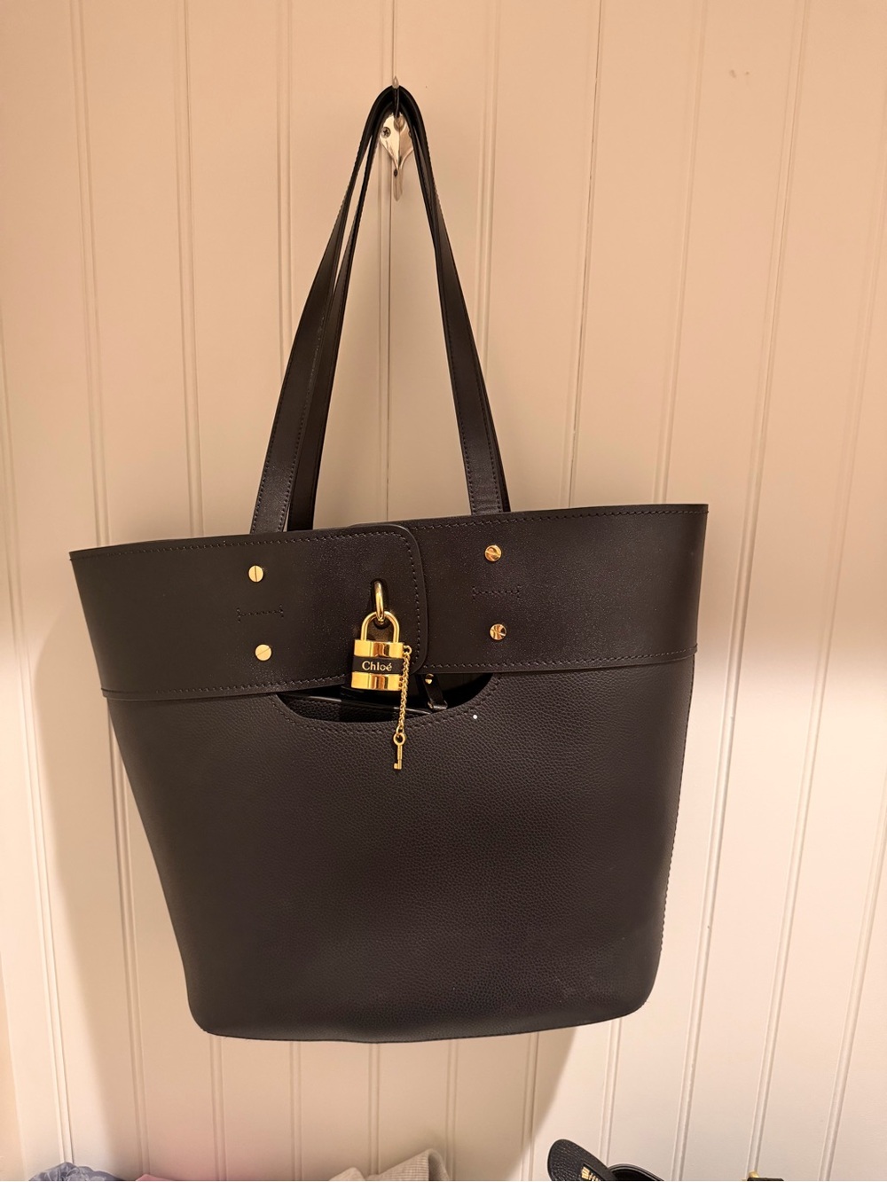 Chloe Black Leather Tote Bag with Gold Padlock
